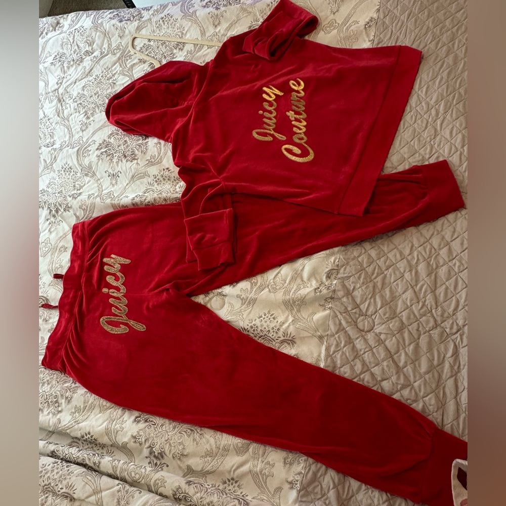 Vintage Juicy Couture Women’s Red and Gold Velour Tracksuit set
